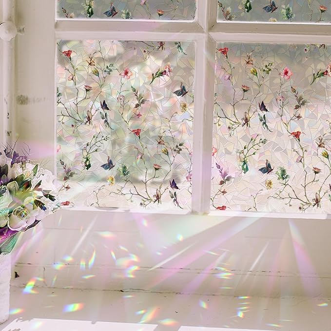 Rainbow Window Privacy Film Stained Glass Handmade Design for Bathroom, Watercolor Flower and Butterfly, 118.11" x 20.87"