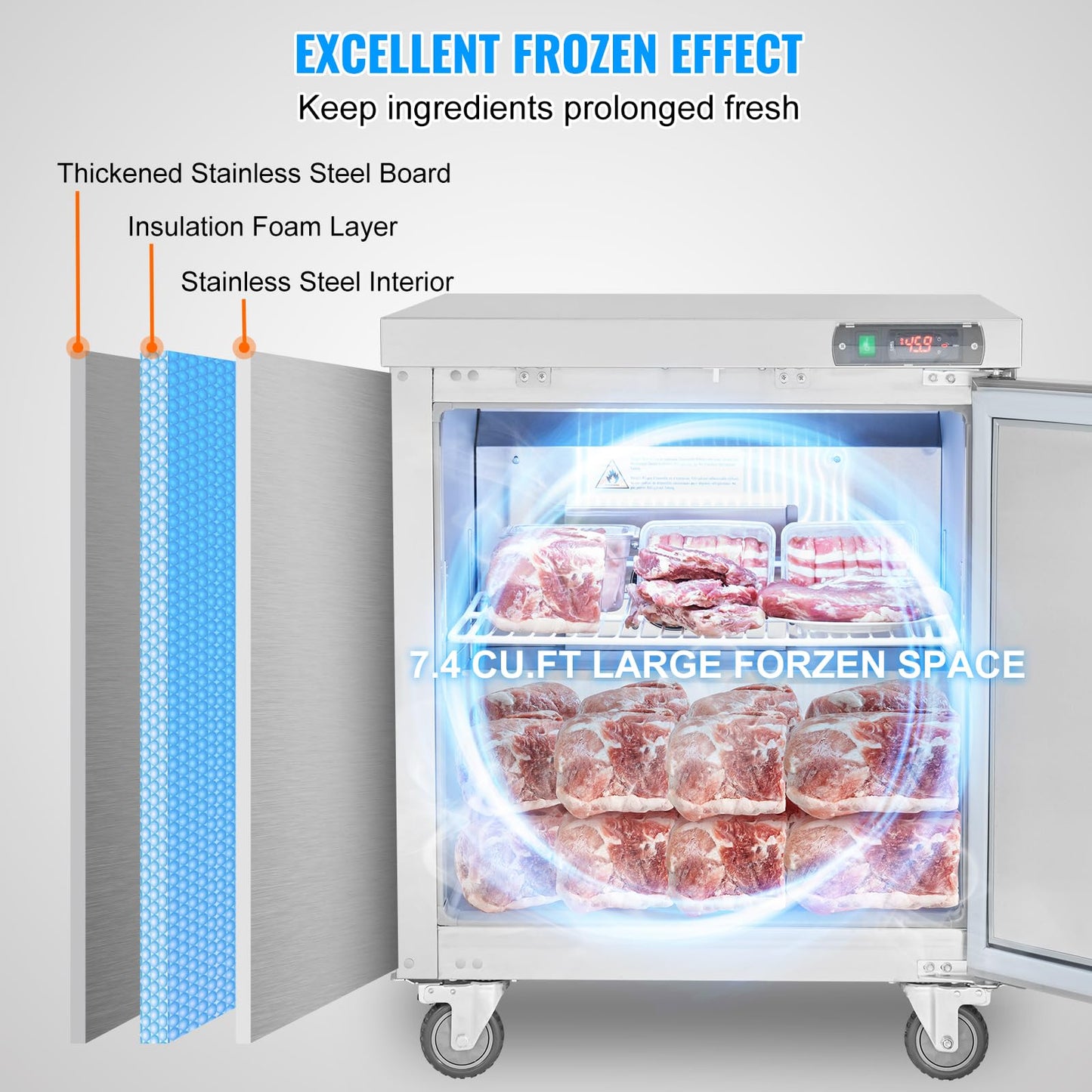 Vevor 28 W Commercial Freezer Worktop, 7.4 Cu. Ft Undercounter Freezers With/Casters, Defrost Frozen Prep Table, Single Door Sta