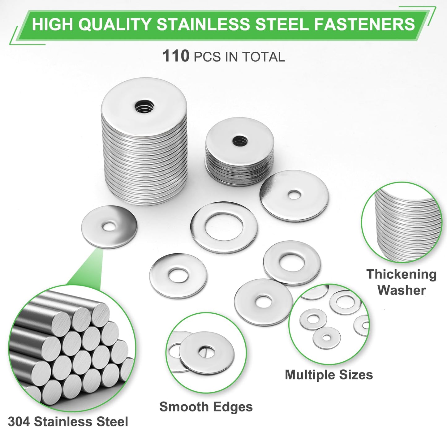 110 Pcs 304 Stainless Steel Metal Flat Washers for Screws and Bolts, Fender Washers Assortment Kit (12 Sizes M3-M12) for Automotive, Industrial & Home Use