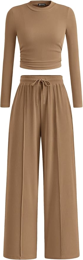 PRETTYGARDEN Women's 2 Piece Sets 2026 Fall Long Sleeve Crop Tops Wide Leg Pants Matching Outfit Tracksuits Spring Clothes