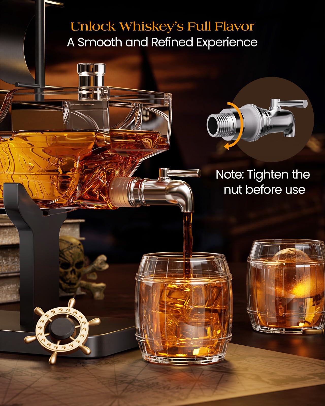 Kollea Birthday Gifts for Men Dad, Pirate Ship Whiskey Decanter Set with 2 Glasses, Liquor Dispenser for Home Bar, Funny Gift Ideas for Him, Husband, Father, Boyfriend, Anniversary, Sailor & Captain