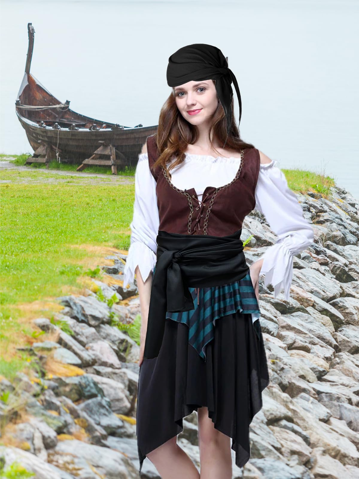 Halloween Pirate Costume Women Men 4 Pcs Pirate Head Scarf Bandana Belt Medieval Renaissance Viking Accessories (Black)