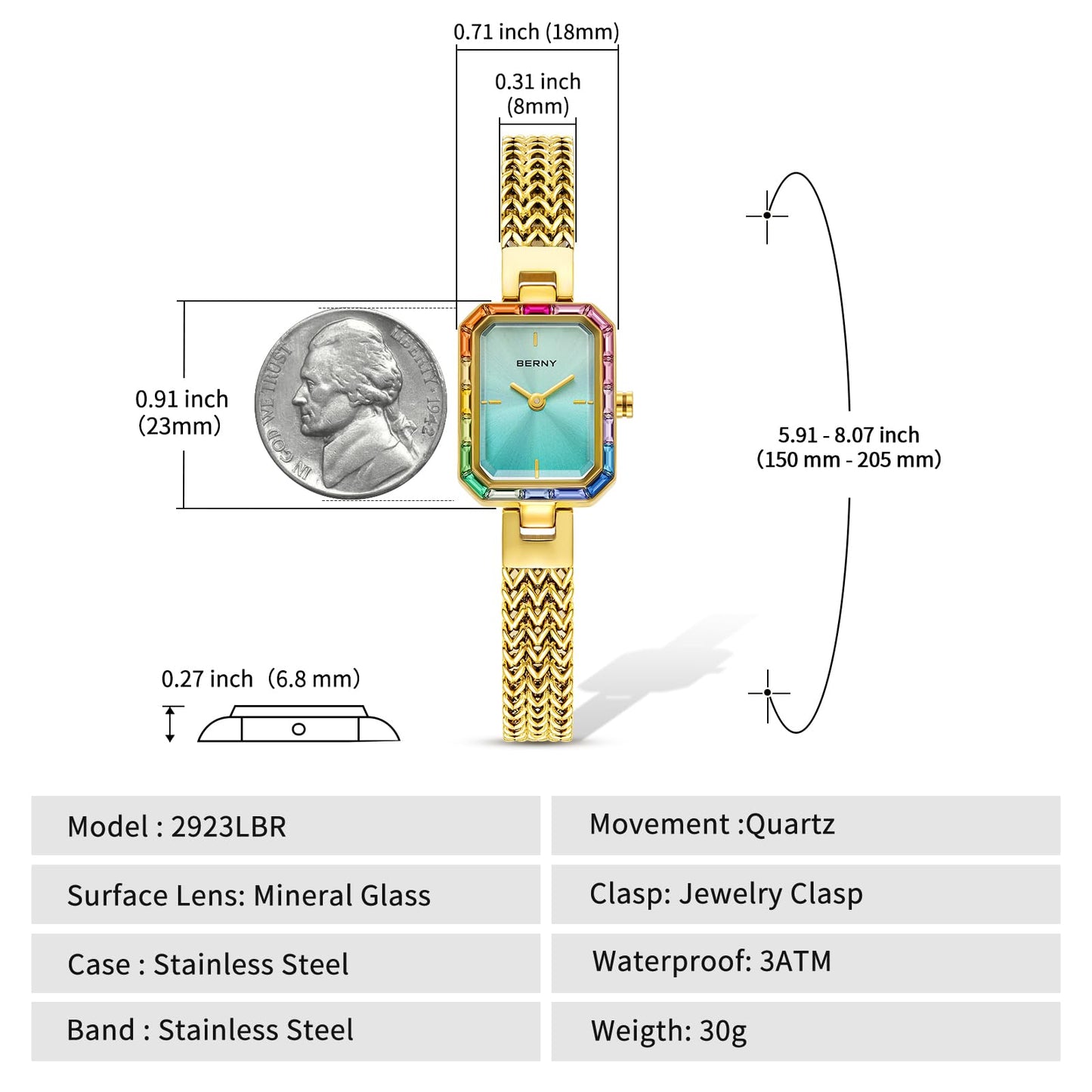 BERNY Gold Watches for Women Dainty Quartz Bracelet Watch Ladies Wrist Watch and Bracelet Set Coloured Stones Accented Fashion Luxury Birthday Gifts for Women-Glacier Blue Dial