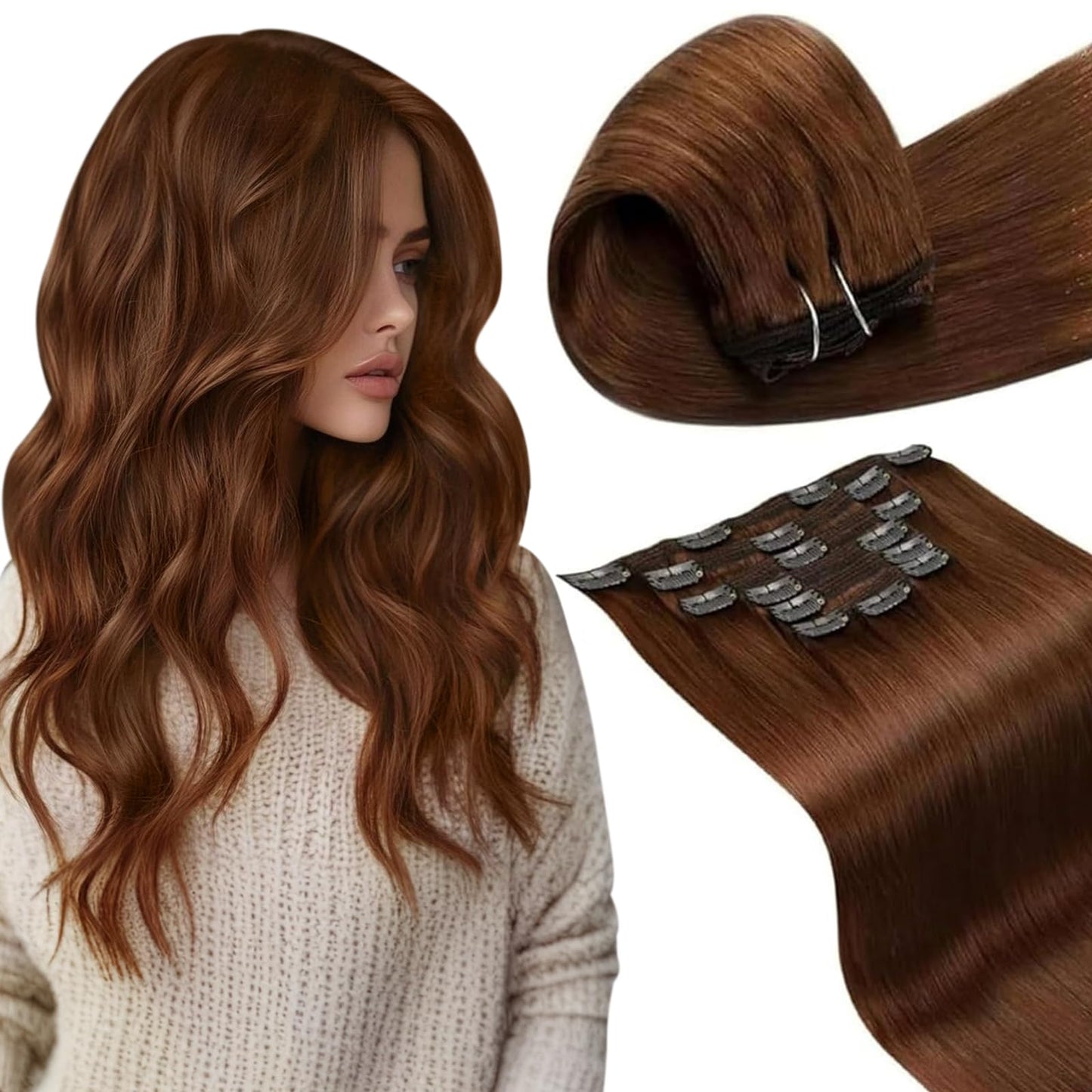 LaaVoo Clip in Hair Extensions Real Human Hair Auburn Brown 7pcs Clip in Human Hair Extensions Russet Auburn Human Hair Clip in