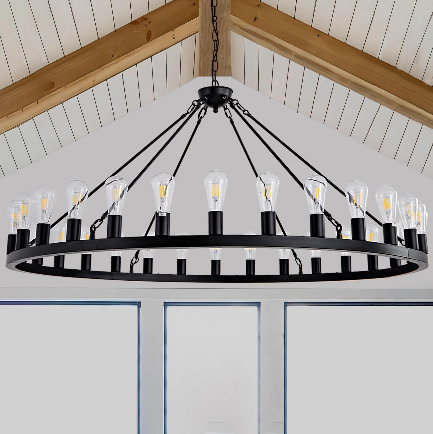 SARUDIIR Wagon Wheel Chandelier Farmhouse 53" 30-Light Large Black Farmhouse Round Wheel Chandelier Light fixtures Outdoor Wagon Wheel Chandeliers for Porch high Ceilings Dining Room Living Room