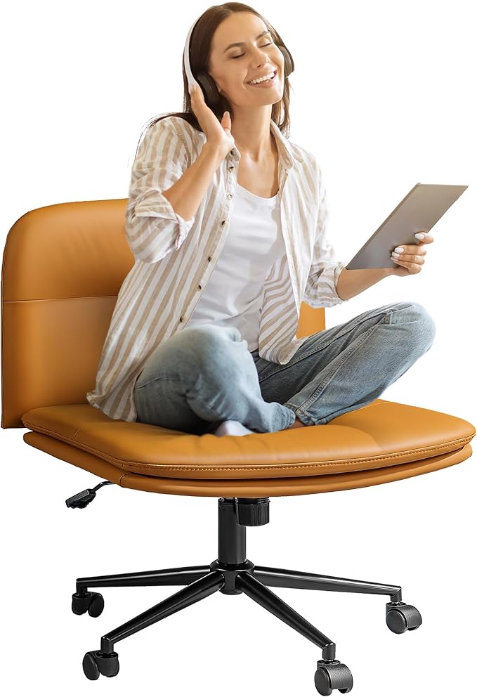 FLEXISPOT Cross Legged Office Chair Armless Desk Chairs Comfy Wide Seat Criss Cross Chair with Wheels Vanity Chair for Living Room Bedroom Study Room(Brown)