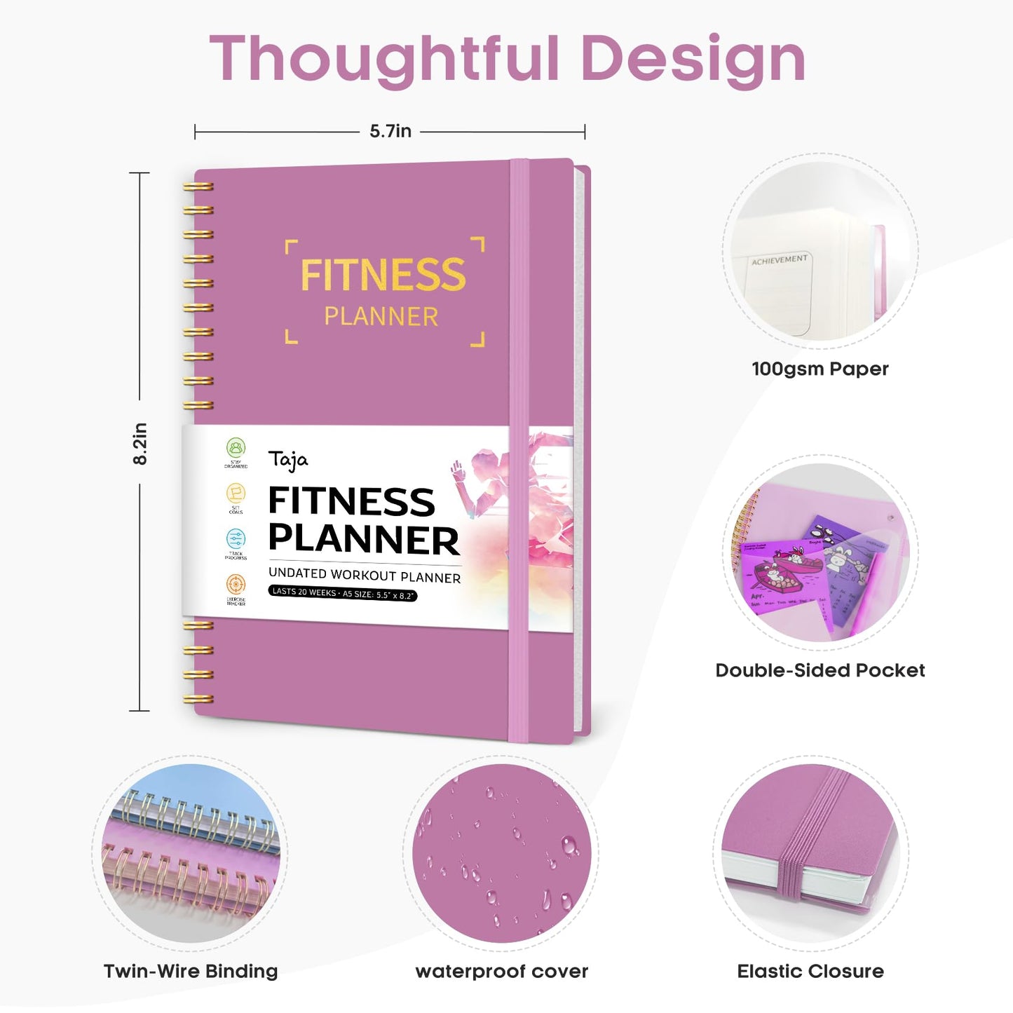 Fitness Workout Journal for Women & Men, A5(5.5" x 8.2") Workout Log Book Planner for Tracking, Progress, and Achieving Your Wellness Goals-Purple