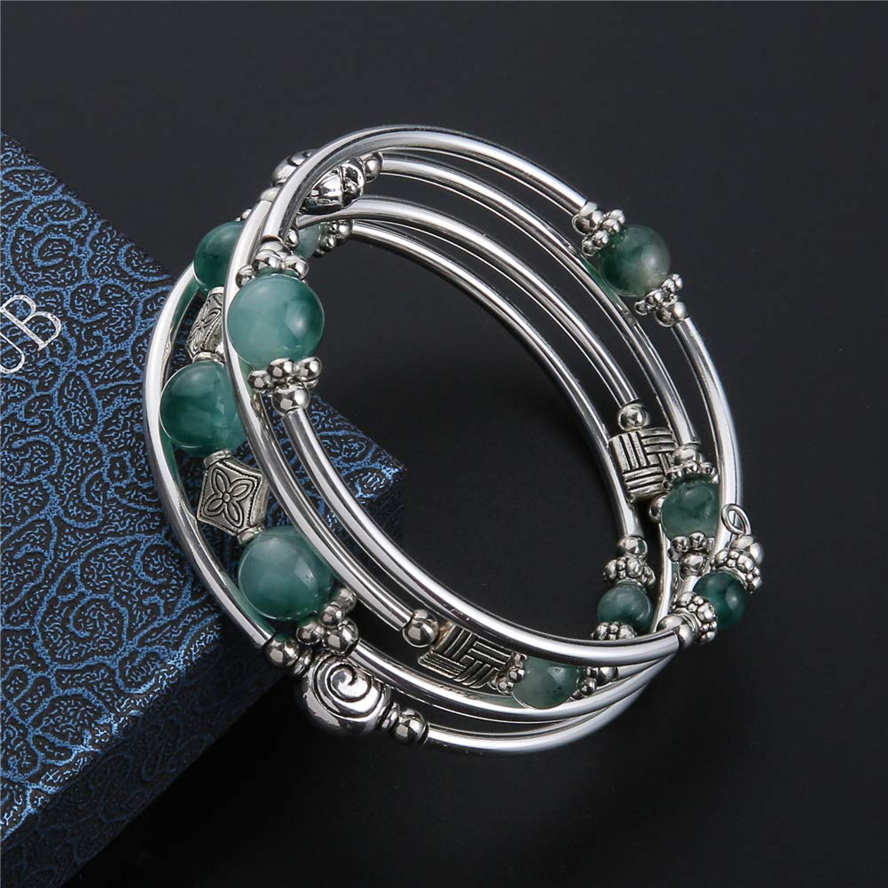 Beaded Pearl Bangle Wrap Bracelet - Fashion Bohemian Jewelry Multilayer Charm Bracelet with Thick Silver Metal Beads, Gift For W