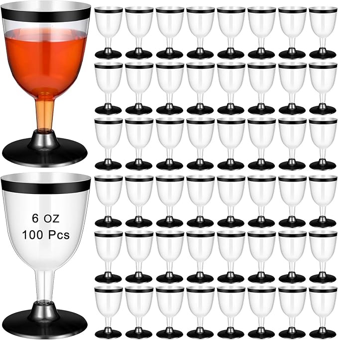 Jingmore 100 Pcs Plastic Wine Glasses Disposable 6 oz Rimmed Wine Cups with Stem Clear Toasting Glasses for Cocktail Champ...