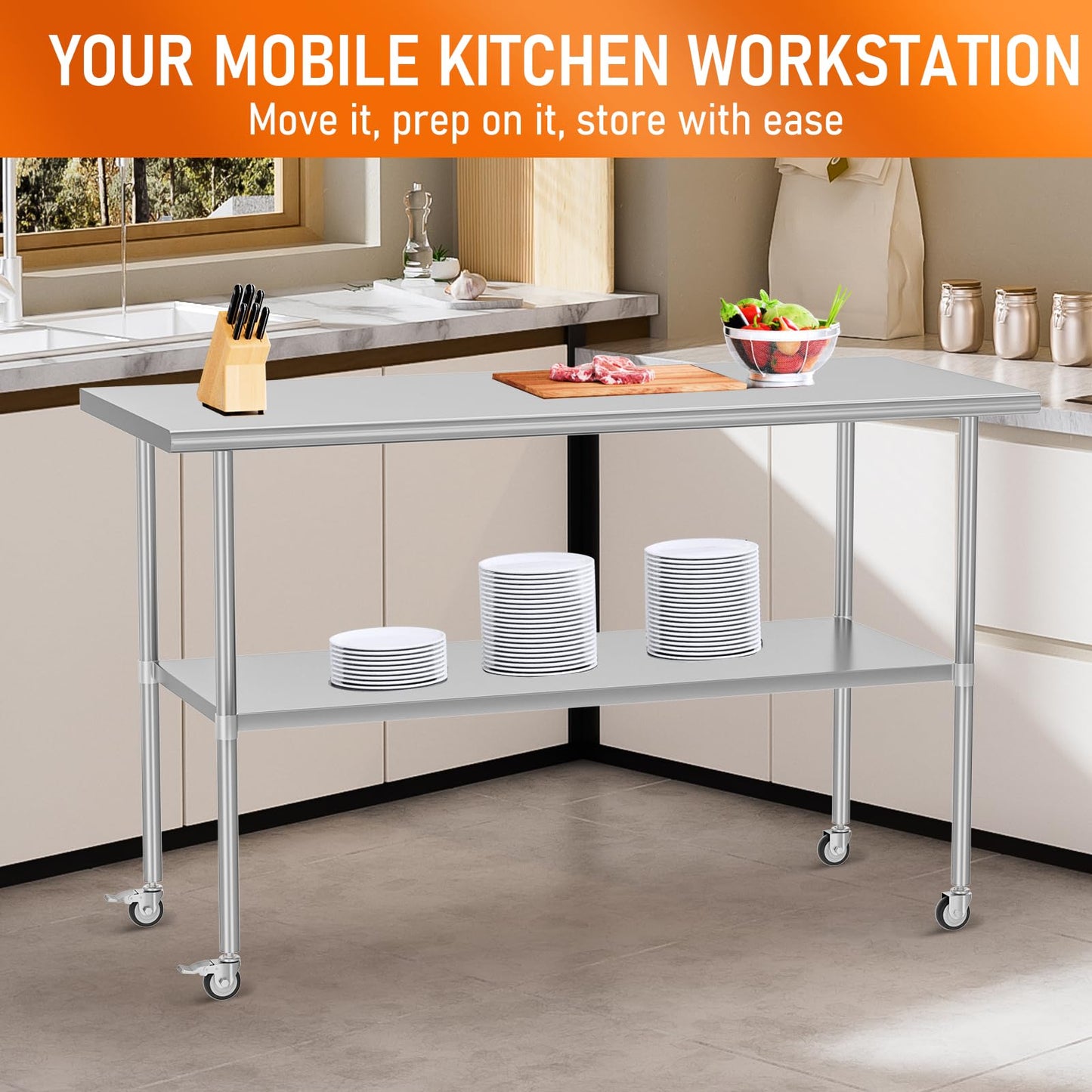 HOCCOT Stainless Steel Table with Wheels for Food Prep & Work 30" x 60" Utility Table with Adjustable Undershelf, Commercial Workstation in Kitchen, Garage, Outdoor BBQ