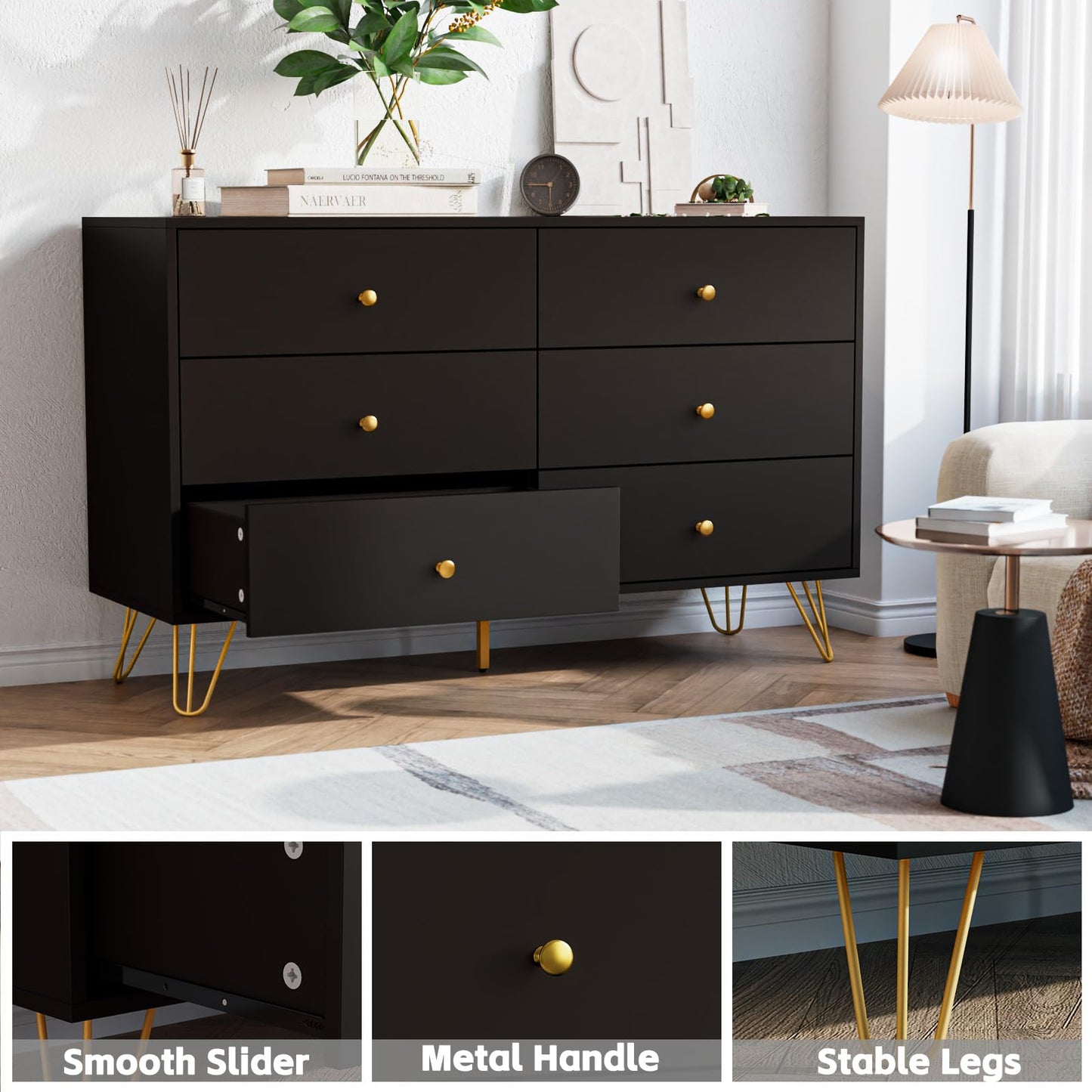 Tradare 6 Drawer Dresser and Nightstand Set of 2, Modern Black and Gold Dresser Set with Golden Handles, 2-Drawer Nightstand & 6-Drawer Chest of Drawers