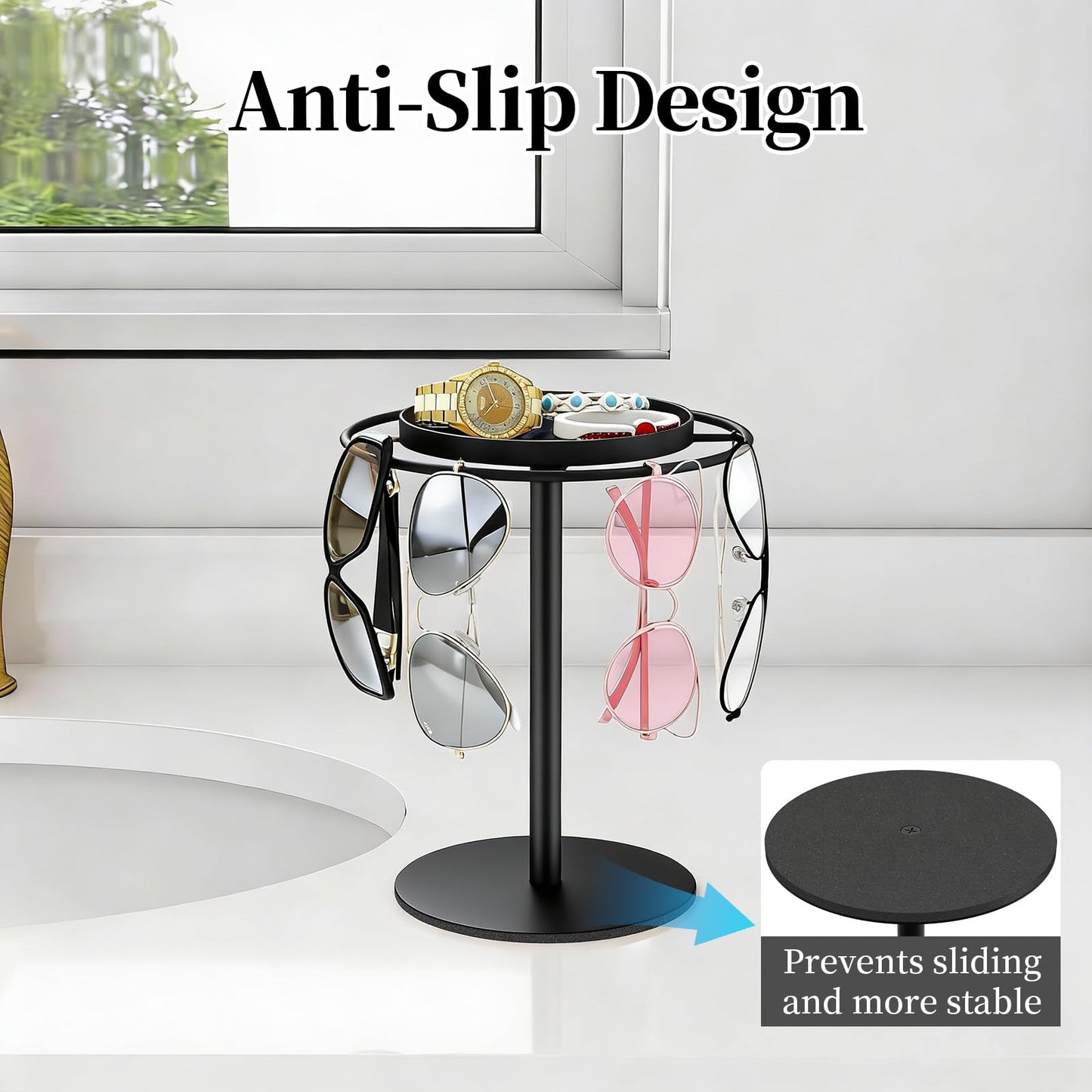 LSK Metal Sunglasses Organizer, Glasses Holder Stand with Storage Tray, Eyeglasses Holder with Anti-Slip Pads for Tabletop, Desk, Dresser, Matte Black