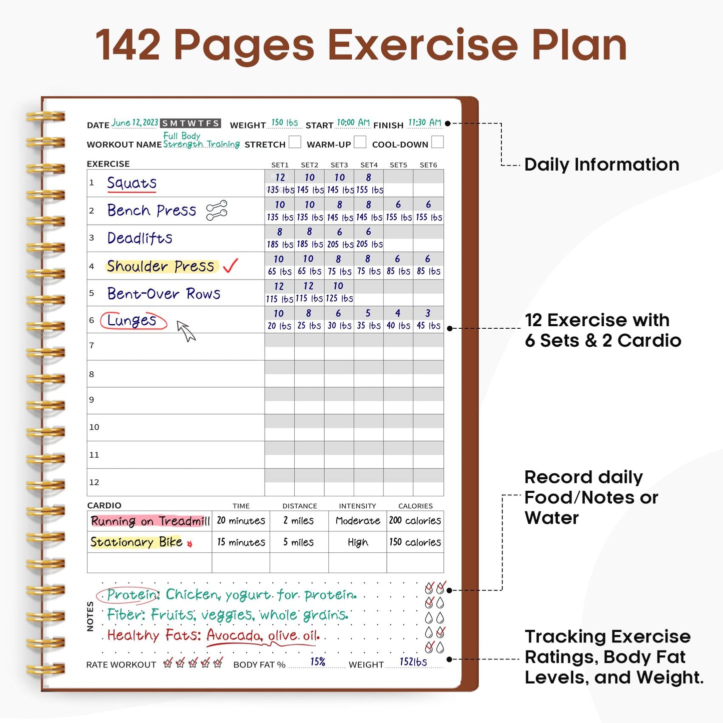 Fitness Workout Journal for Women & Men, A5(5.5" x 8.3") Workout Log Book Planner for Tracking, Progress, and Achieving Your Wellness Goals-Rust Brown