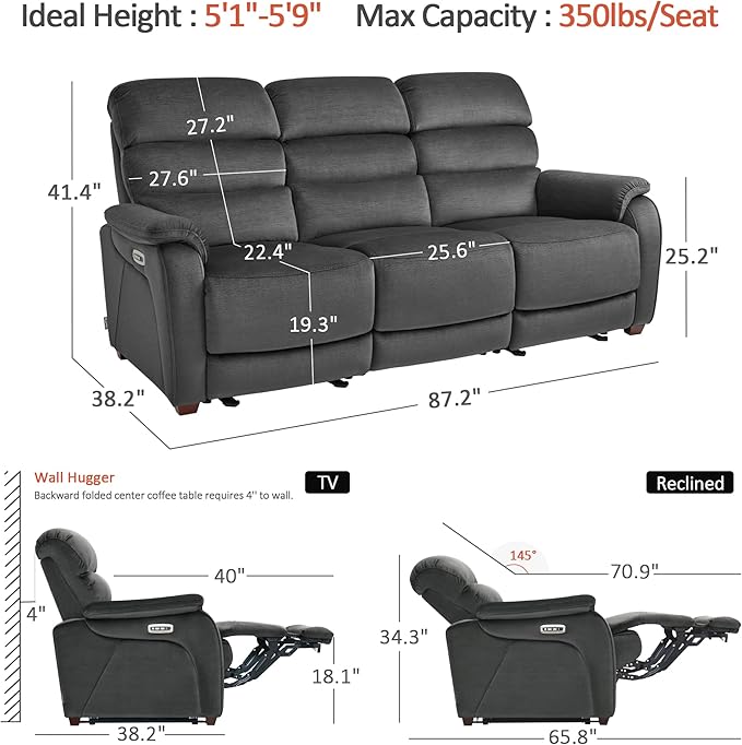 MCombo 87.2'' Wall Hugger Power Recliner Sofa with Drop Down Table, Reclining Sofa with Adjustable Headrest, USB Charge Ports, Reading Lamp, for Living Room, RVs, Fabric, ST258M3 (3-Seater, Dark Grey)