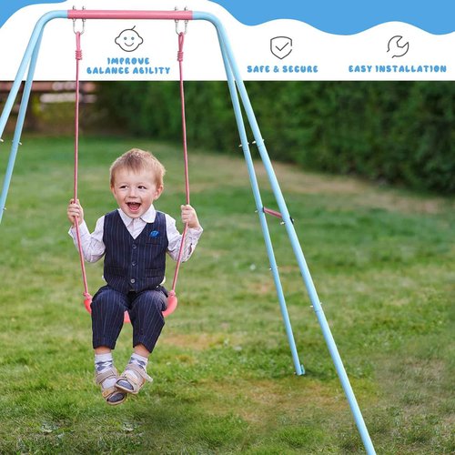 JYGOPLA 2-in-1 Toddler Swing Set with Metal Stand, Safety Belt & 4 Anchors - A-Frame Swing for Kids 6 Months+ (Pink, Indoor/Outdoor Backyard Playground)