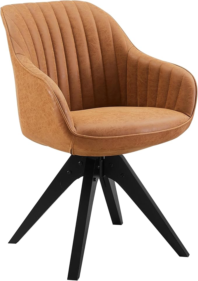 Art Leon Dining Chair, Mid Century Modern Faux Leather Upholstered Swivel Dining Room Chair with Wood Legs, Leisure Side Chair with Arms for Living Room, Brown