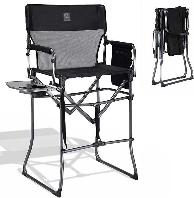 EVER ADVANCED Tall Textilene Camping Chair Mesh Directors Chair High Foldable Bar Stool with Side Table for Makeup Artist, Sports Event, Craft Show, Supports 350LBS Black
