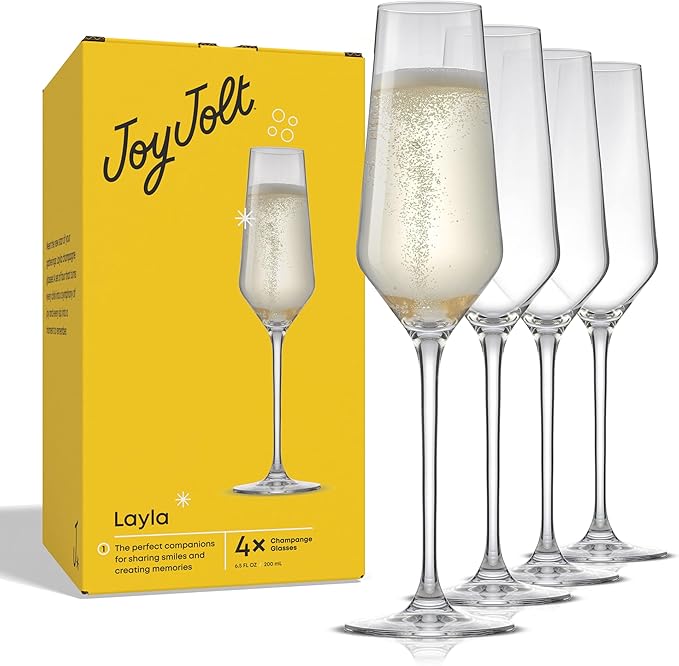 JoyJolt Champagne Glasses Layla Collection, Set of 4 – 6.7 oz Elegant Crystal Stemmed Champagne Flutes for Prosecco, Spark...