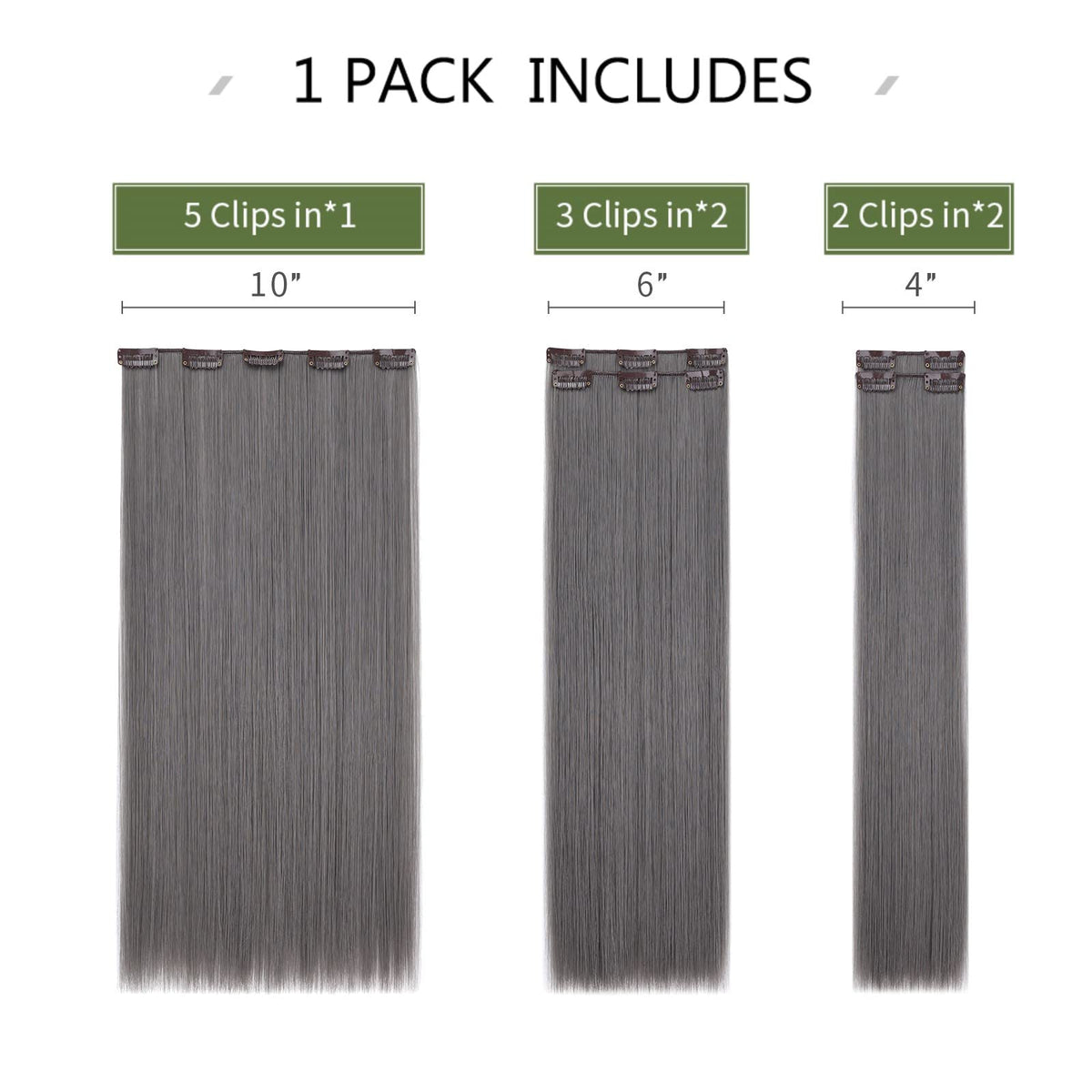 HSPJHTM Clip-in Hair Extensions, 22" Dark Gray Synthetic Straight Hair, 5PCS for Full Head