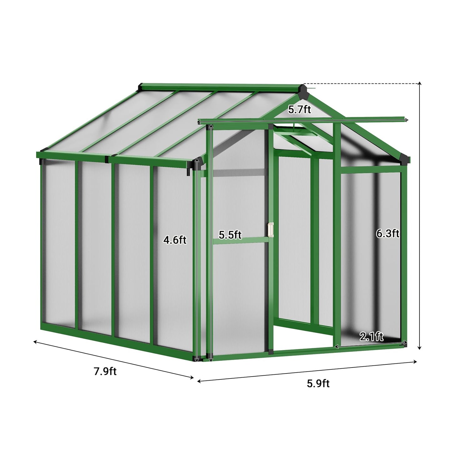 6x8 FT Greenhouse, Easy Assembly Aluminum Polycarbonate Greenhouses for Outdoors with Roof Vent, Large Aluminum Walk-in Greenhouse for Sunroom Patio, Backyard, Garden, Sliding Lockable Door, Green