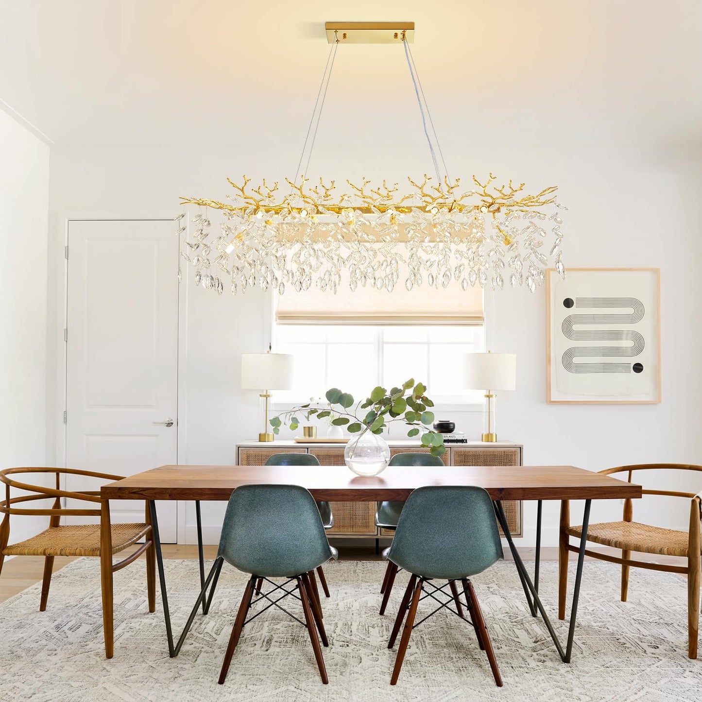 KJLARS Modern Rectangular Chandelier, 47.3" Gold Crystal Tree Branch Chandelier 14 Lights Luxury Raindrop Light for Dining Room, Kitchen Island, Living Room