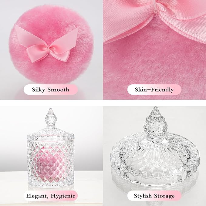 2 Pieces Large Body Powder Puff and Container Powder Container with Puff Crystal Case Soft Washable Reusable Velour Face Body Glitter Wet Dry Makeup (Rome)
