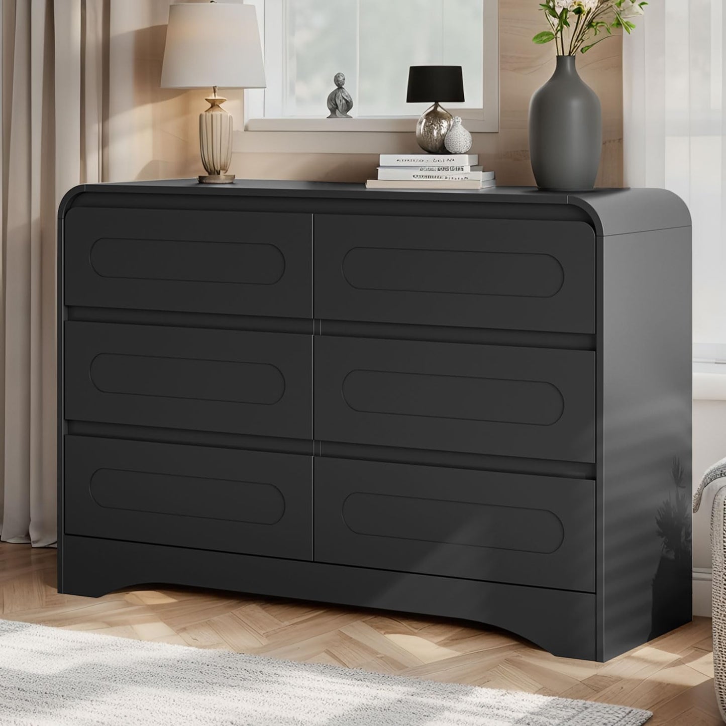 Black Dresser, 47" Wide 6 Drawers Dressers & Chest of Drawers with Pre-installed Slide&Curved Profile Design, Wood Closet Clothes Storage Dressers Organizer for Bedroom Living Room Hallway