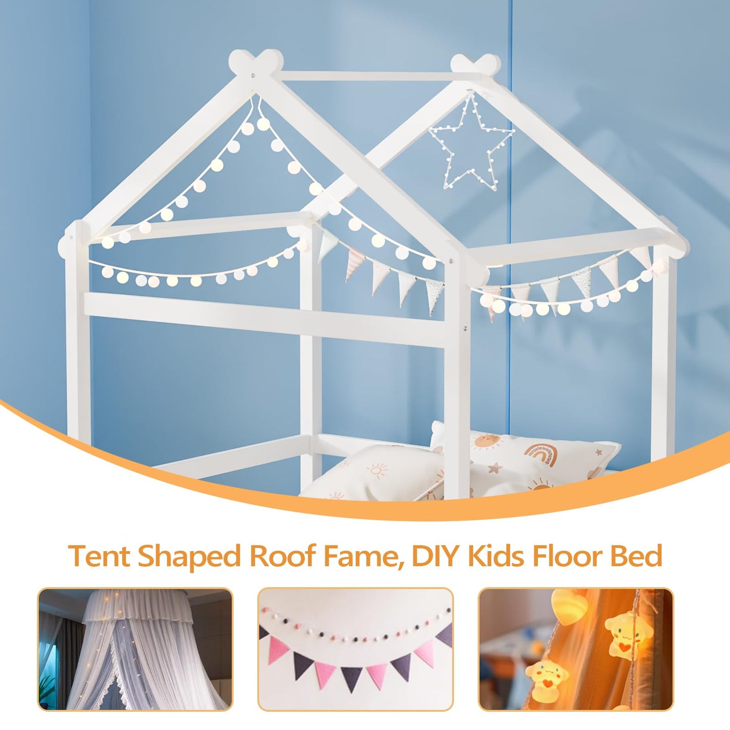 VALUE BOX Twin House Floor Bed Frame with Roof, Wooden Montessori Bed with Safety Fence, Kids Bedroom (White)