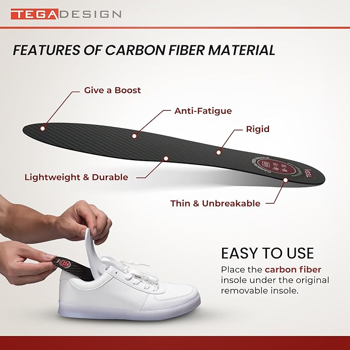 TEGA Carbon Fiber Insole (1 Pair) - for Turf Toe, Foot Fractures, Hallux Rigidus and Limitus - Rigid Shoe Insert for Sports, Hiking, Trekking, Basketball, Running - Alternative to Post Op Shoe