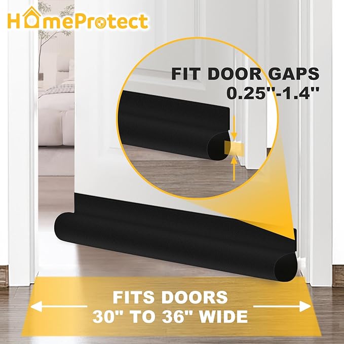 HomeProtect Door Draft Stopper 2 Pack Adjustable, Door Sweep for Bottom of Door, Weather Stripping Door Seal Interior & Exterior, Block Cold Air, Sound Light Dust, Easy to Install,30” Black