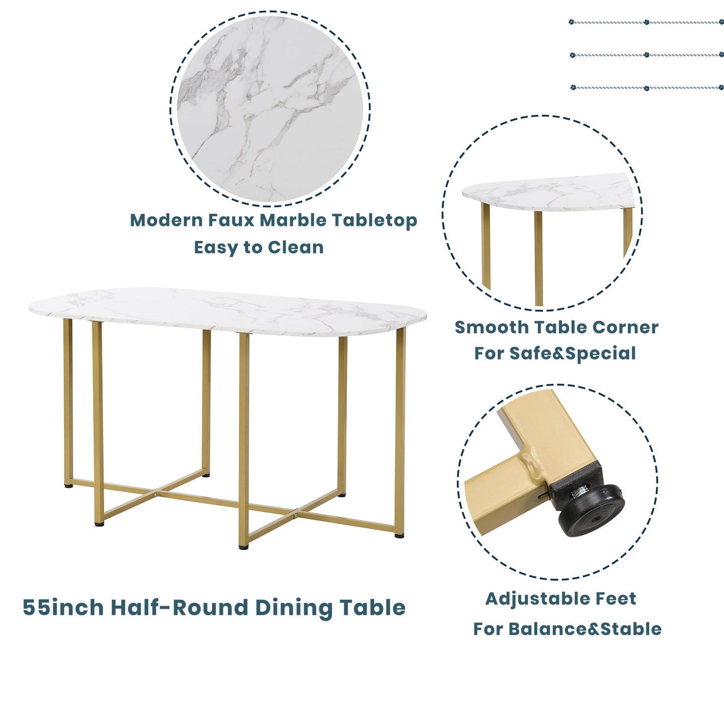Metal 7 Piece Kitchen Dining Table Set with Chairs for Saving Space Metal Dining Room Table Set for 6 Persons, Golden White