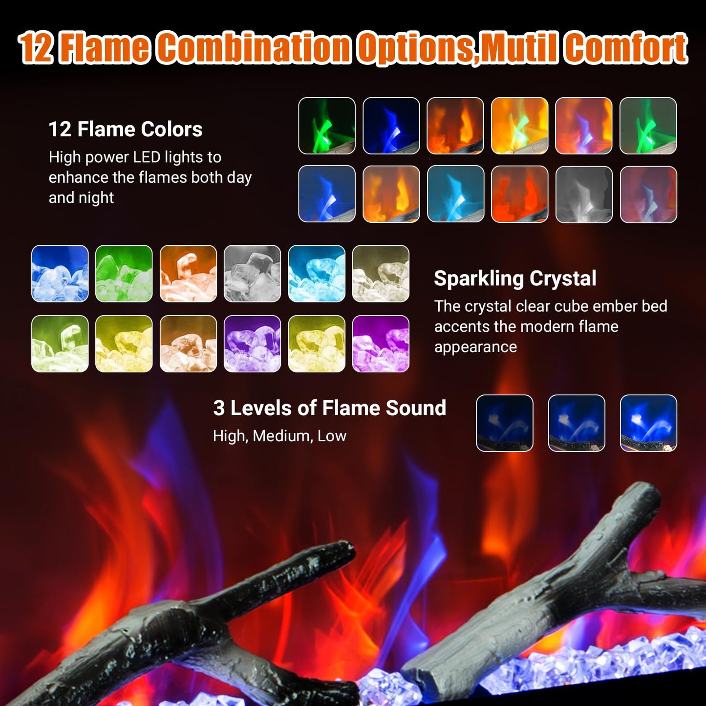 50" Smart Wall Mount Electric Fireplace, 1500W Heater with 12-Color LED Flame Effect, Touch Screen & Remote Control, Timer & Thermostat, for Living Room, Bedroom Indoor Use