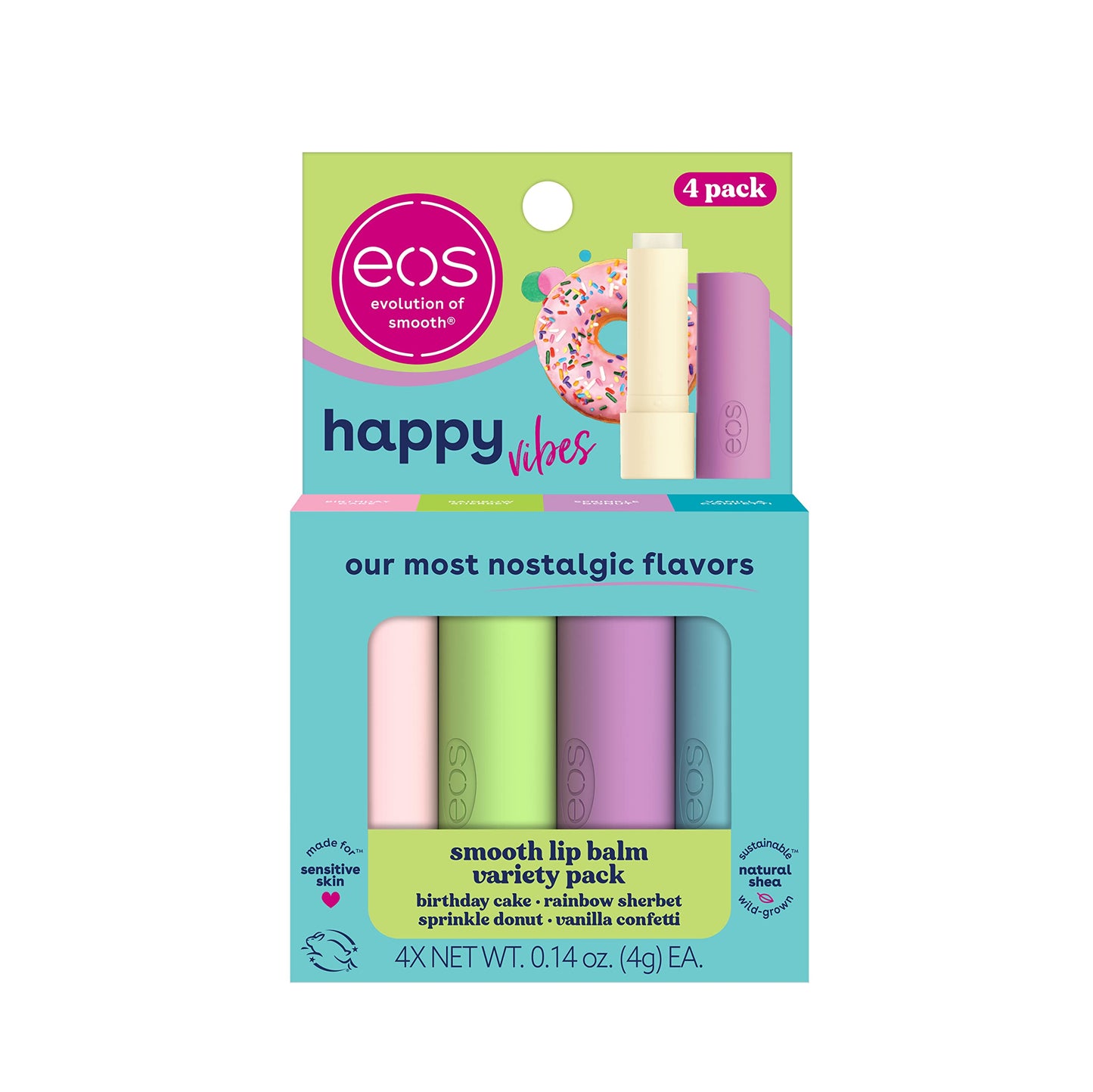 eos Happy Vibes Lip Balm Variety Pack- Sprinkle Donut, Birthday Cake, Vanilla Confetti & Rainbow Sherbet, All-Day Moisture Lip C