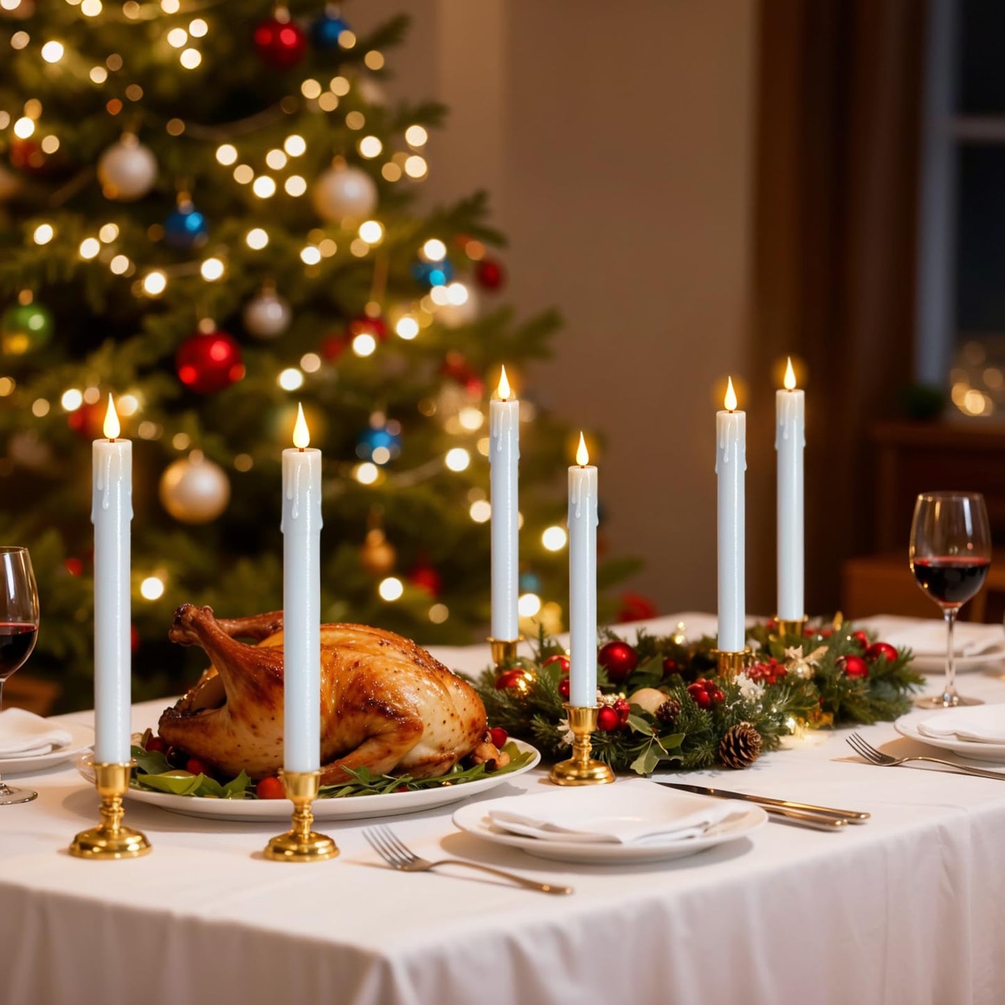 DRomance Christmas Flameless Window Taper Candles Battery Operated with Remote and Timer, 6 Pack White Plastic Dripping LED Flickering Candles with Suction Cups Holiday Indoor Decor(Gold Holders)