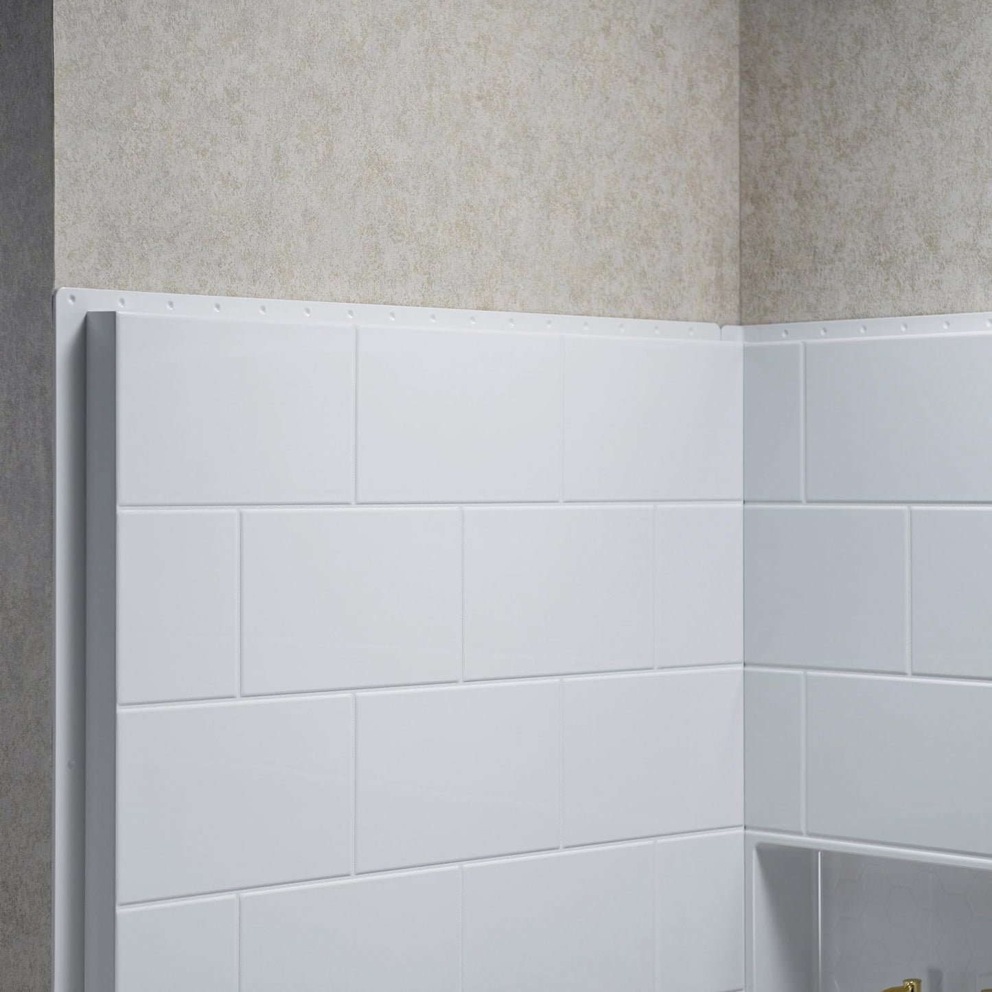 WOODBRIDGE 4-Piece Tile-style Shower Wall Panel Surround Kit, 60"W x 32"D, Staggered Brick Pattern, Easy to Install, High Gloss White Finish