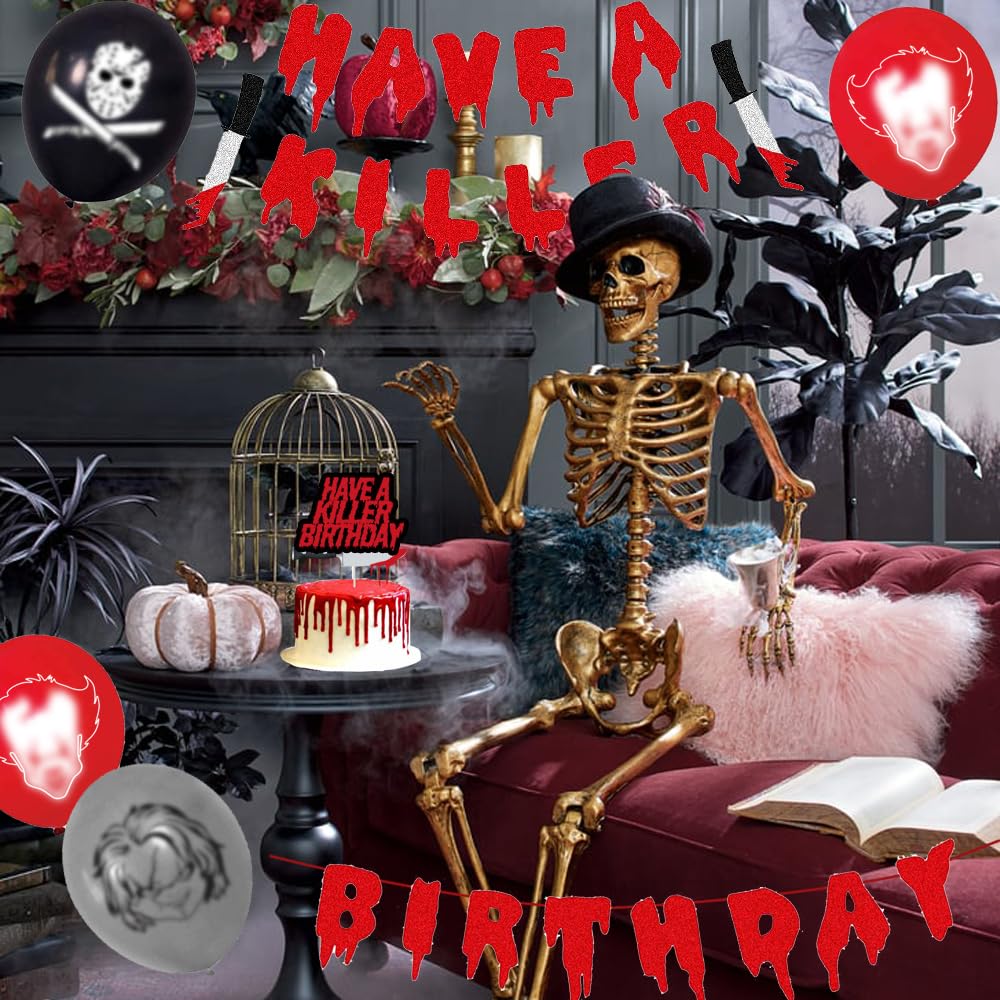 Have a Killer Birthday Party Decorations Bloody Birthday Banner Tablecloth Cake Topper Balloons for Halloween Horro Birthday Party Supplies