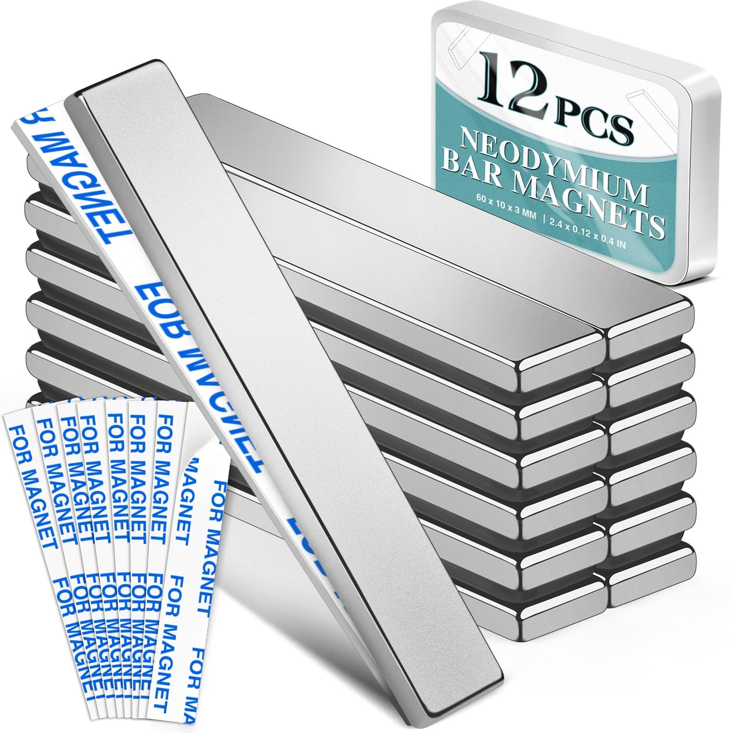 12 Pack Strong Neodymium Bar Magnets，Powerful Rare Earth Neodymium Magnets with Double-Sided Adhesive Perfect for Fridge, Garage, Kitchen, Craft, Office etc 60 x 10 x 3 mm