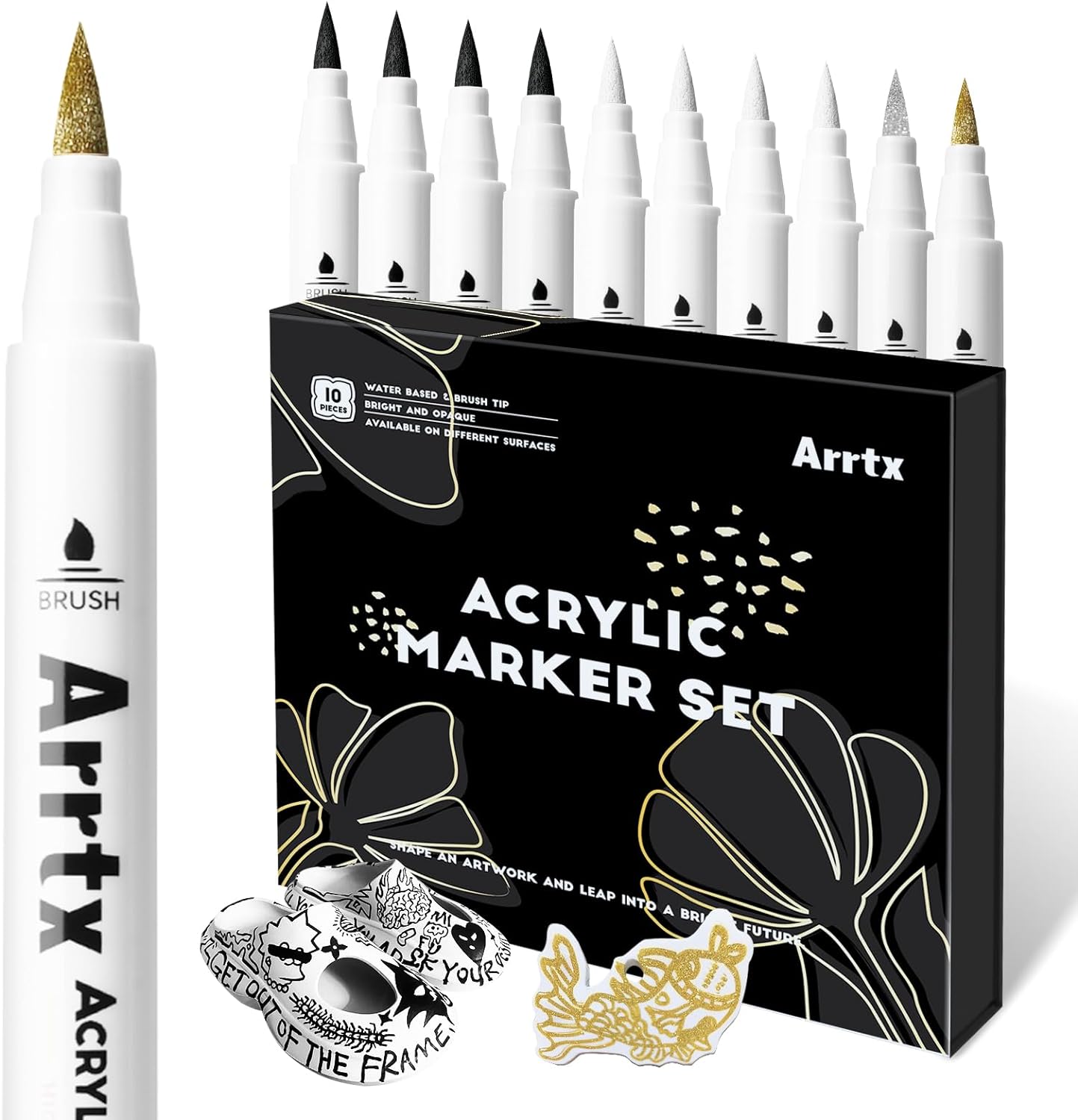 Arrtx Acrylic Paint Pens, 10 Pack Extra Brush Tip White Paint Markers Metallic for Rock Fabric Wood Glass Canvas Ceramic, 4 White 4 Black 1 Gold & 1 Silver, Water Based Ink, DIY Crafts