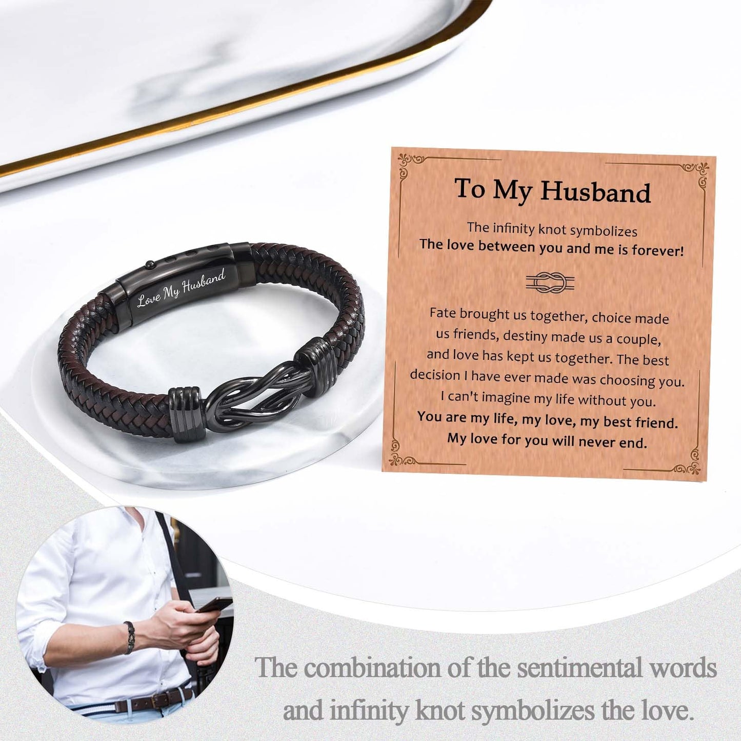 Gifts for Husband Gifts from Wife, To My Husband Brown Infinity Leather Bracelet for Men as Christmas Valentines Fathers Birthday Easter Anniversary Thanksgiving Gifts for Him Men