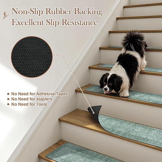 Vintage Stair Treads Non Slip Stair Runners for Wooden Steps Indoor, 15PCS 8"x30" Rubber Backing Carpet Treads for Wood Stairs Staircase Step Treads for Kids & Dogs, Stair Covers, Green