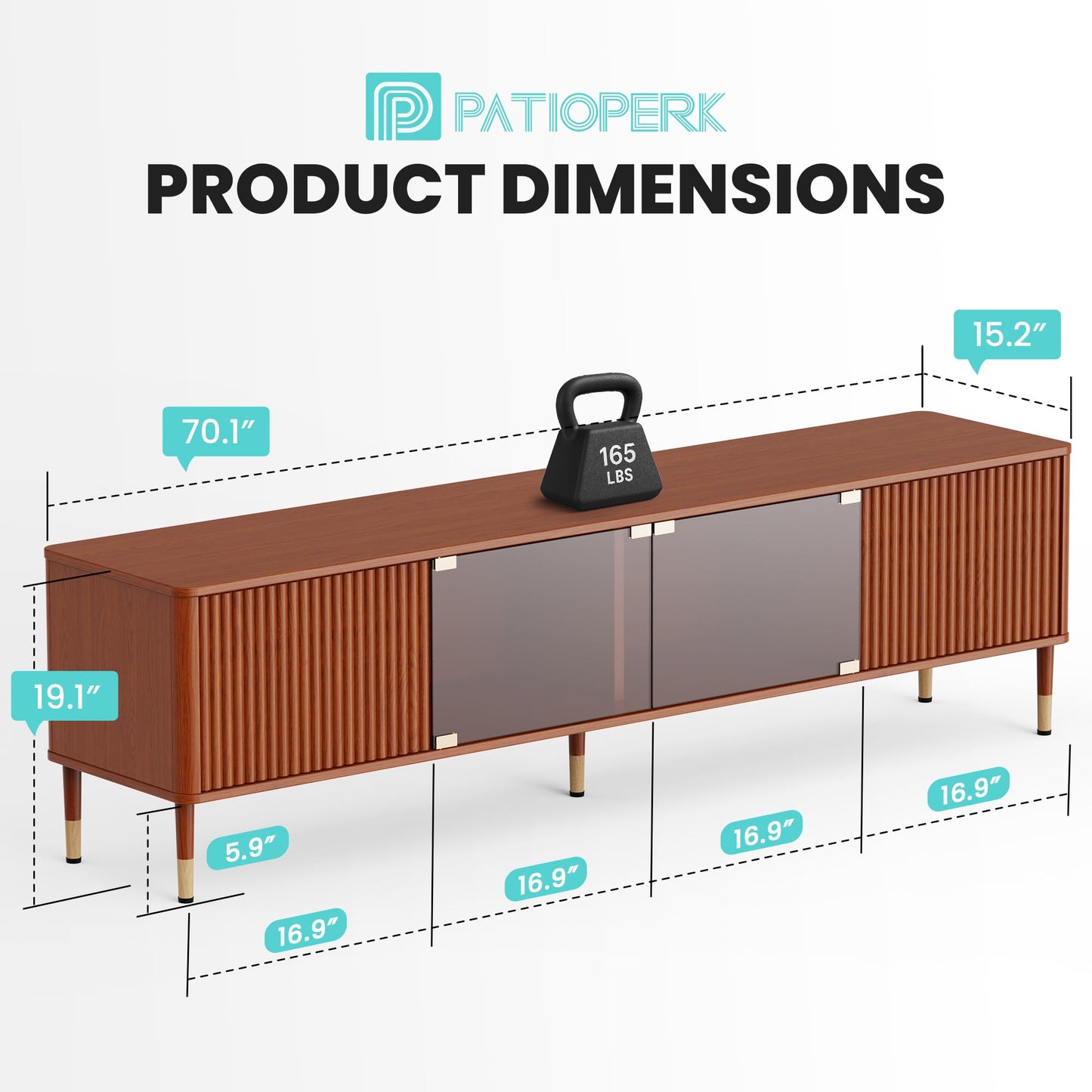 PatioPerk TV Stand for 55 65 Inch TV – Modern Entertainment Center with 4 Storage Cabinets for Living Room, 70 Inch TV Console with LED Lights and Glass Doors, Walnut Brown