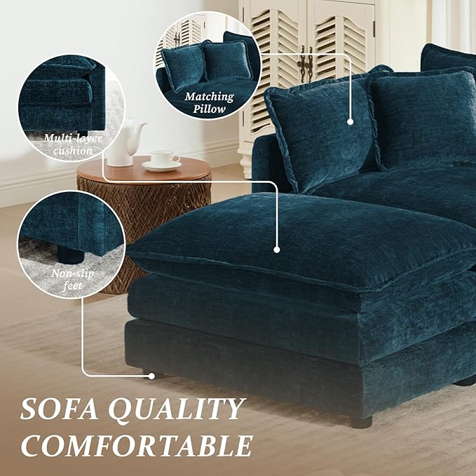 SoarFlash Chenille Sectional Sofa, Comfy Modular Loveseat Sofa, Modern 2-Seat Couch Deep Seat Sofa Set for Living Room,Deep Blue