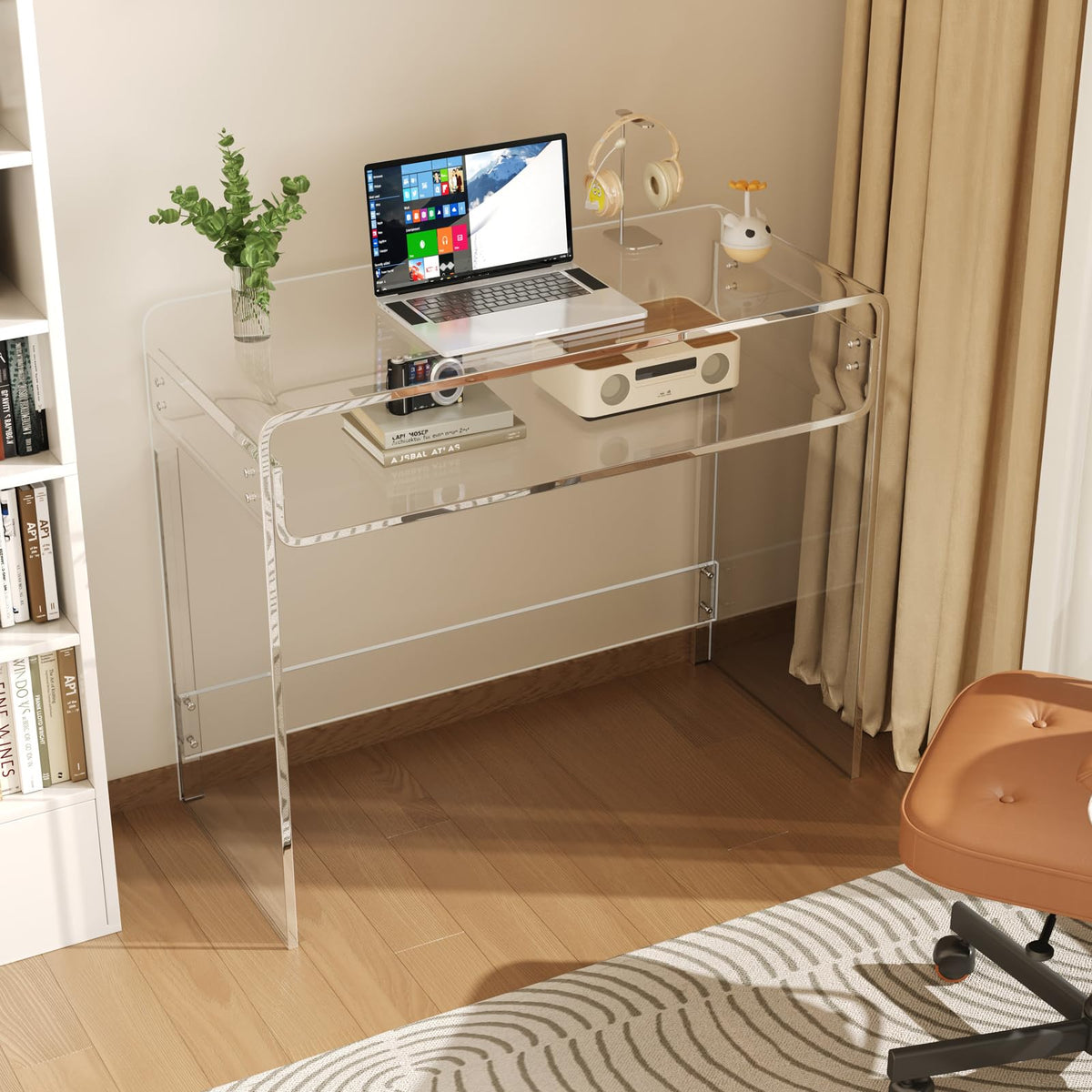XOHYW Acrylic Office Desk, Modern Laptop Writing Study Table with Open Storage, Transparent Console Table Entryway Table, 33.5" L x 15.8" W x 29.5" H, for Home, Bedroom (Clear)