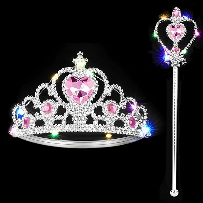 Vicloon 2PCS Light Up Princess Crown and Wands, Princess Dress Up Accessories for Little Girls Christmas Birthday Cosplay