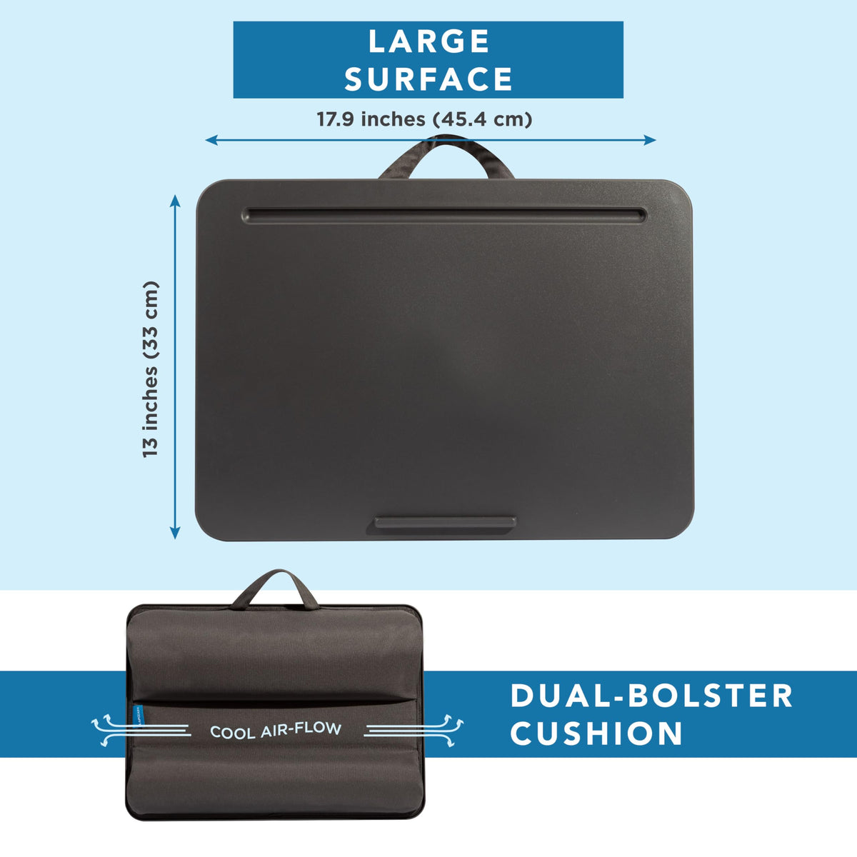 LAPGEAR Original Lap Desk – Large (17.9” x 13”) | Fits Up to 17.3” Laptops | Cushioned with Device Ledge, Pencil Tray & Handle | Portable & Lightweight | Charcoal – Style No. 45155