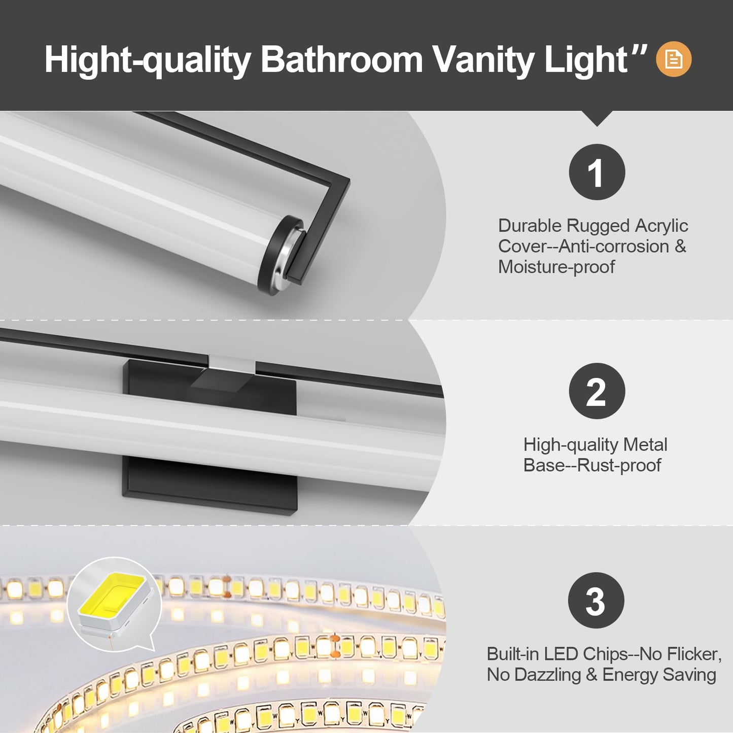 Modern Black Vanity Light Fixtures for Bathroom, 25.2 inch LED Wall Mounted Light Over Mirror, 20W, 3000K Warm White, Energy-Saving, 360°Illumination, for Sink, Powder Room, Bedroom, Makeup Area