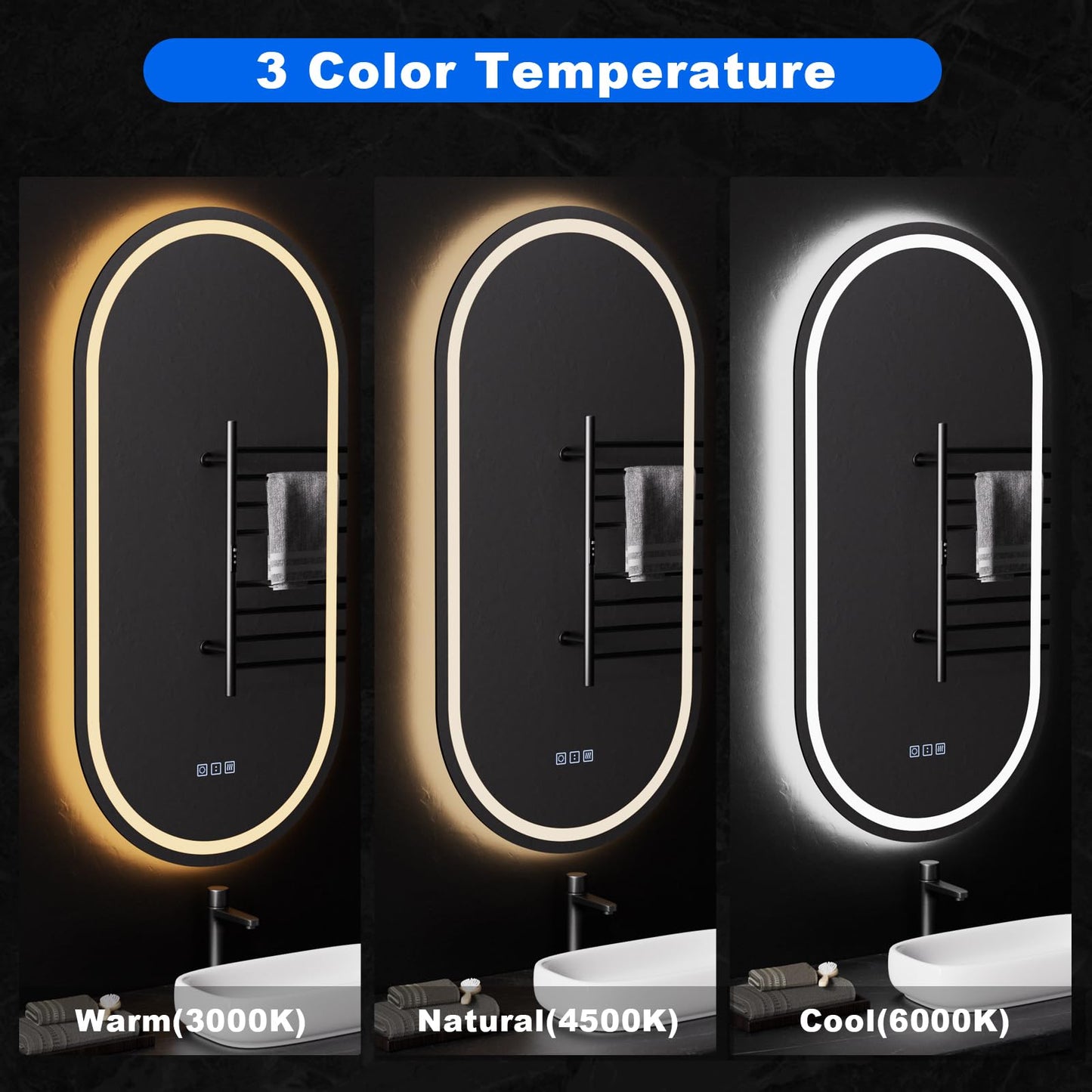 QAOYEDE 40x20 Inch LED Bathroom Vanity Mirror with Lights, Oval Smart Wall Mirrors, Front Lighted+Backlit, Touch Control, 3 Color Switch, Tempered Glass, Vertically Only, UL Recognized