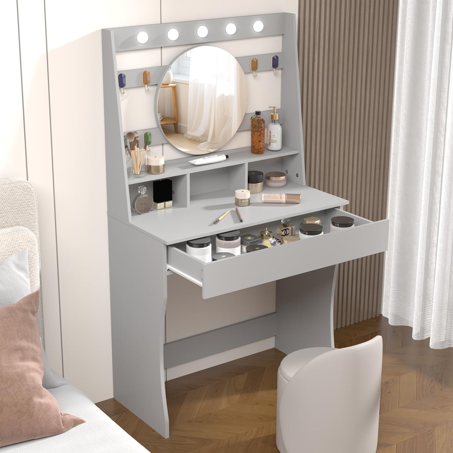 HedoAjim Vanity Desk with Lights, Makeup Table with Mirror, Dressing Table with 5 Hollywood Bulbs, 3 Adjustable Lighting Colors, Small Vanity Desk for Bedroom (Grey)