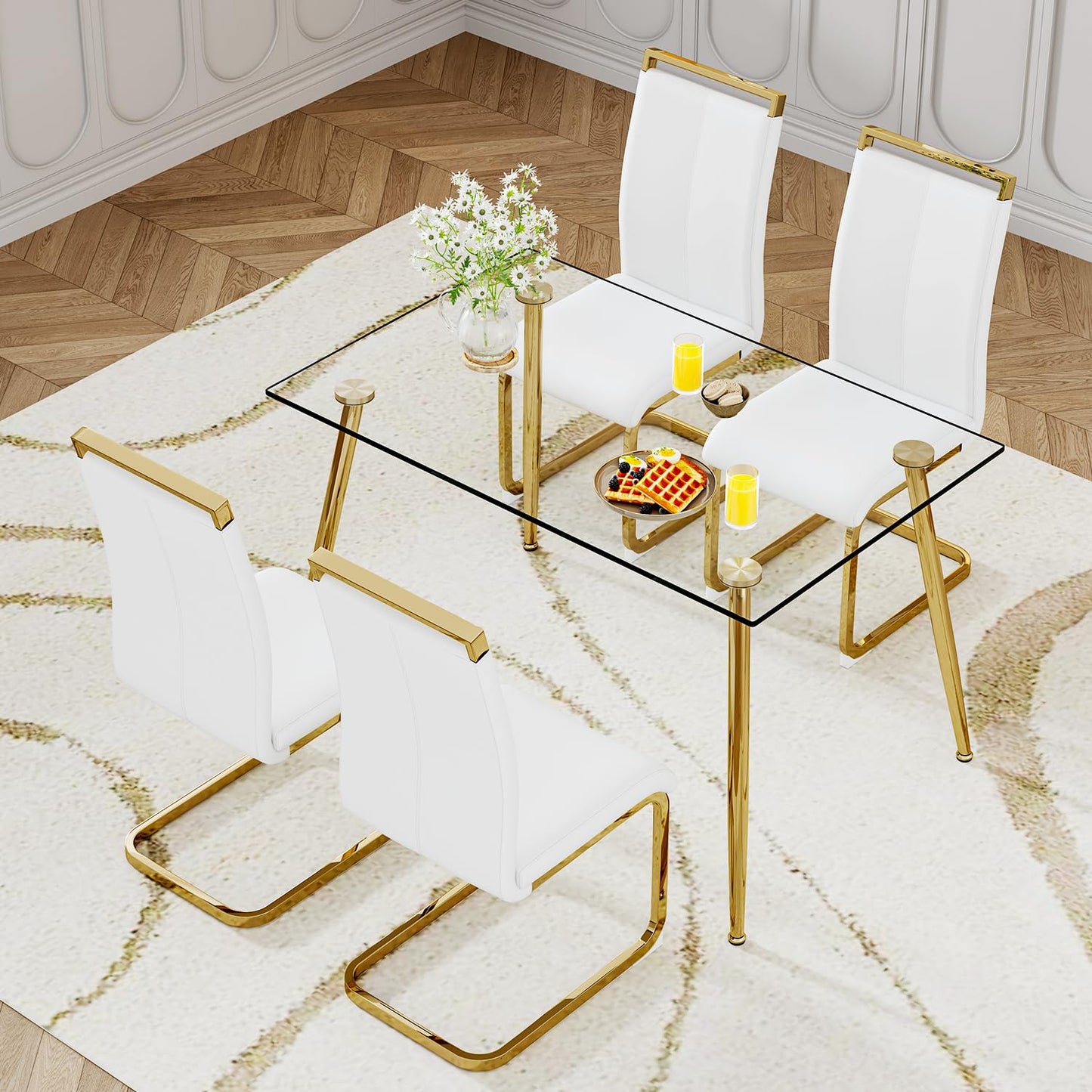 Ebullient Glass Dining Table Set for 4,5 Piece Dining Table and Chairs Set，Modern Kitchen Dining Room Table with 4 White PU Leather Dining Chairs,0.31” Tempered Glass Table Top with Gold Metal Legs