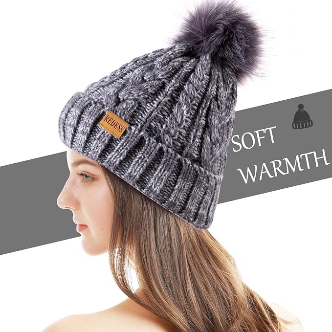 REDESS Women Winter Pompom Beanie Hat with Warm Fleece Lined, Thick Slouchy Snow Knit Skull Ski Cap